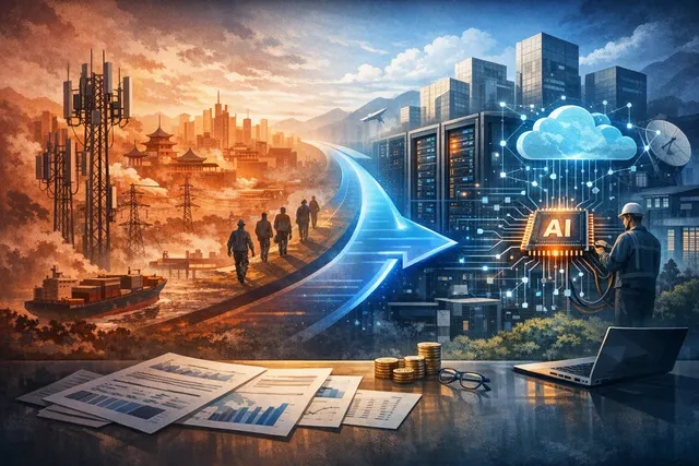 Conceptual illustration of Nokia shifting from China telecom operations toward AI networks and Nordic defence infrastructure