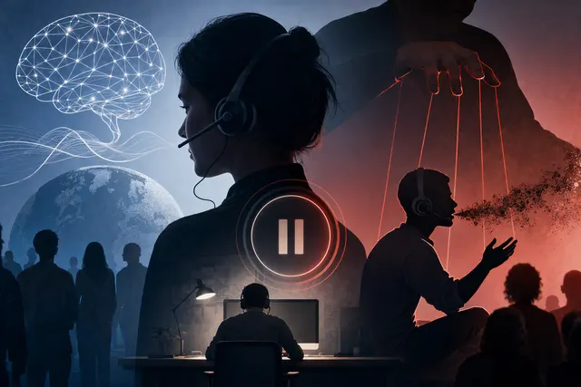 Illustration of an AI assistant call being handed off to a human operator