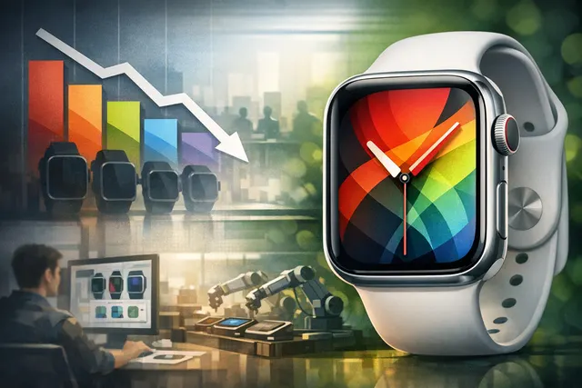 Apple Watch facing competitive pressure from screenless smart ring wearables in a split-frame editorial illustration