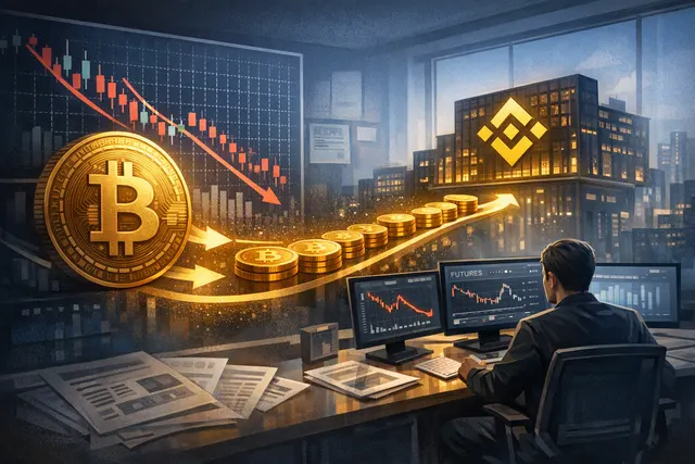 Illustration of Bitcoin and Solana moving toward crypto exchanges alongside a short-biased trading chart