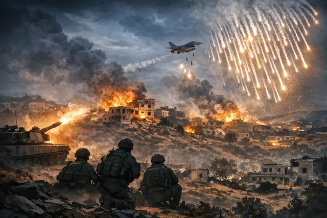 AI-generated illustration of smoke and explosions over southern Lebanon during reported overnight attacks