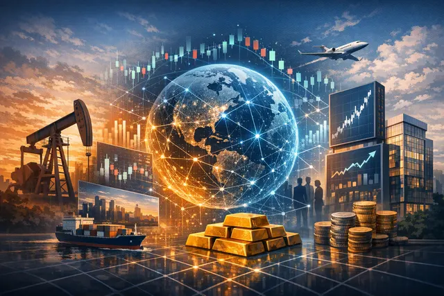 Abstract illustration of a blockchain trading network connecting oil, stock, and perpetual futures markets around the clock