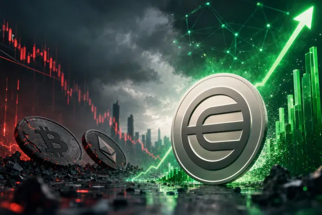 Editorial illustration for a comparison of Worldcoin’s rally and Bitcoin’s decline