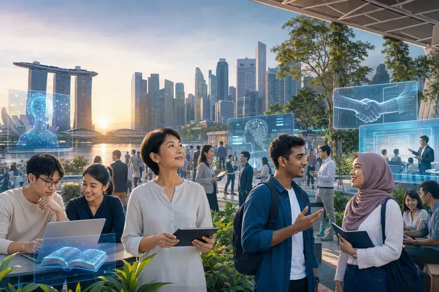 AI-generated illustration accompanying an article about Singapore’s AI training and workforce-support initiatives