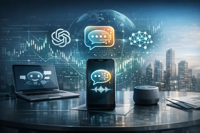Abstract editorial illustration of AI assistants connected to a brokerage account for Scalable Capital’s Agentic Investing launch