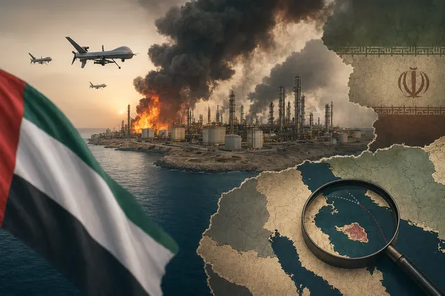 Smoke rising from a Persian Gulf oil refinery, representing the reported attack on Iran’s Lavan Island refinery