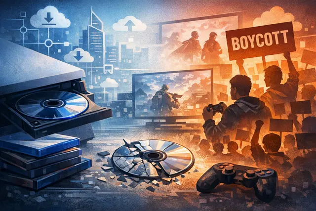 A PlayStation game disc beside a digital download interface, illustrating the debate over Sony’s 2028 shift away from physical releases