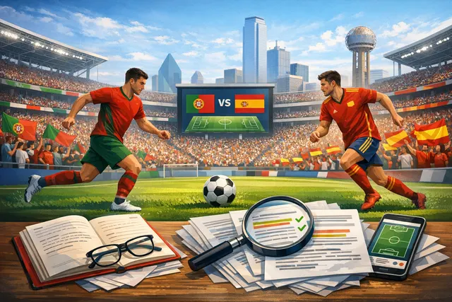 AI-generated illustration of the Portugal vs. Spain 2026 FIFA World Cup Round of 16 match at AT&T Stadium in Dallas, Texas.