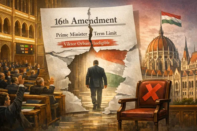 Hungarian parliament chamber with the 16th amendment vote tally displayed, symbolizing the constitutional bar on Viktor Orbán's return as prime minister