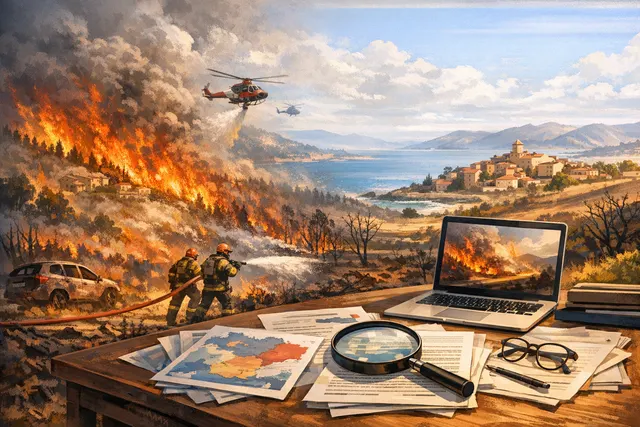 AI-generated visual depicting a dramatic wildfire scene with orange flames, smoke plumes, and evacuation imagery representing the July 2026 France-Spain wildfires.