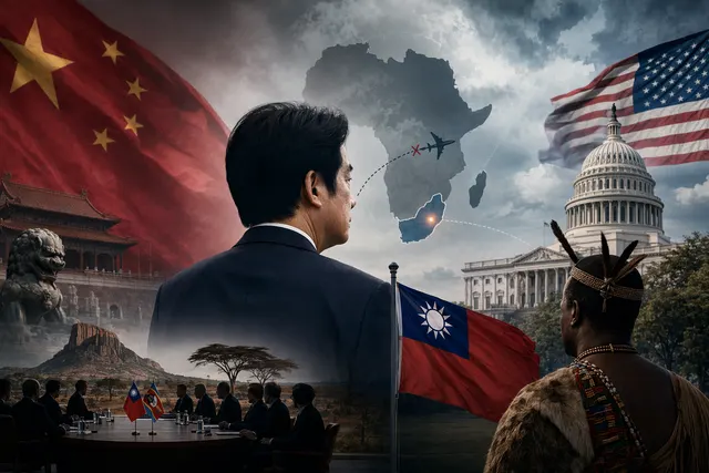 賴清德訪問史瓦帝尼引發台灣、中國與美國外交角力的示意圖