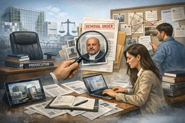 A somber illustration of the International Criminal Court's courtroom in The Hague, with a dark mood, suggesting a crisis of leadership and questions of justice.
