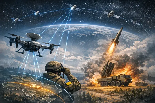 Editorial illustration of a Starlink-connected drone and satellite over a map of Ukraine and Russia