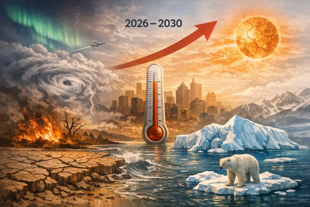 A visualization of a thermometer superimposed on a globe with extreme heat waves, symbolizing rising global temperatures and the threat of breaching the 1.5°C climate threshold.