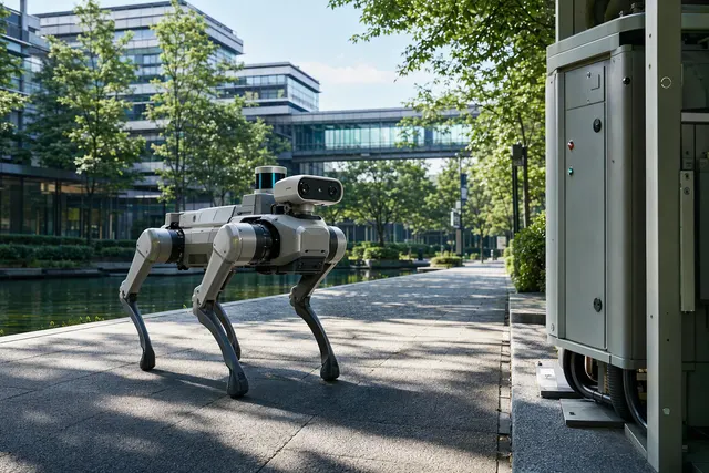 Illustration of a quadruped robot dog conducting an inspection in a modern campus setting