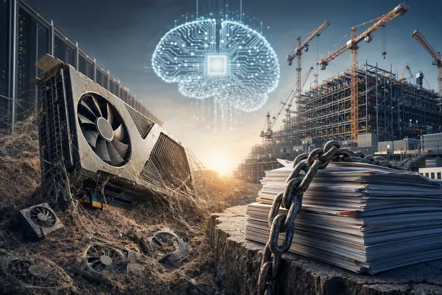 AI-generated editorial illustration representing AI chip valuations and data-center financing risks