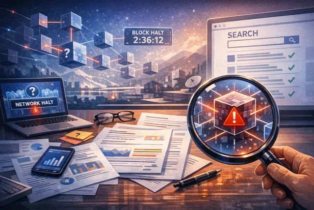 Conceptual image of a blockchain network with a red warning indicator, symbolizing the Base network halts on June 25-26, 2026.