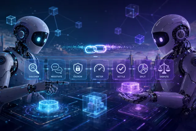 AI 代理通过区块链协议完成报价、托管、结算和争议处理的概念图