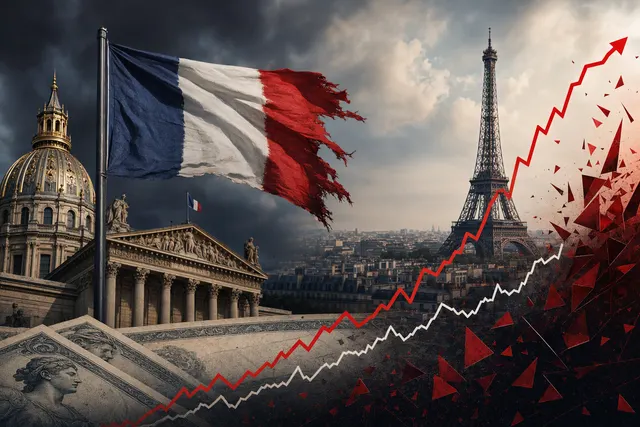 Editorial illustration representing France’s government-bond selloff and rising borrowing costs