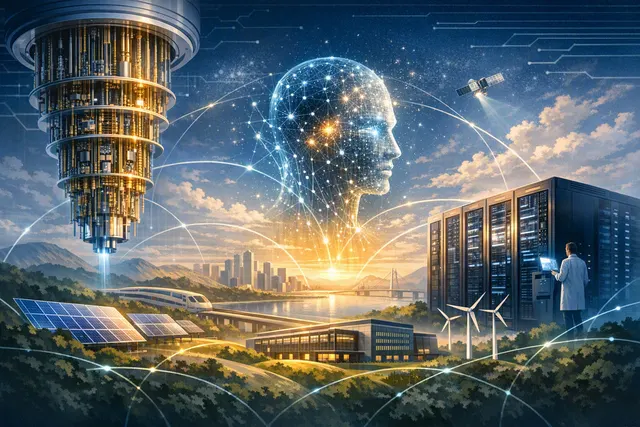 量子计算、超级计算与人工智能融合的概念图,象征深圳量子大会提出的“量超智”智能计算路线