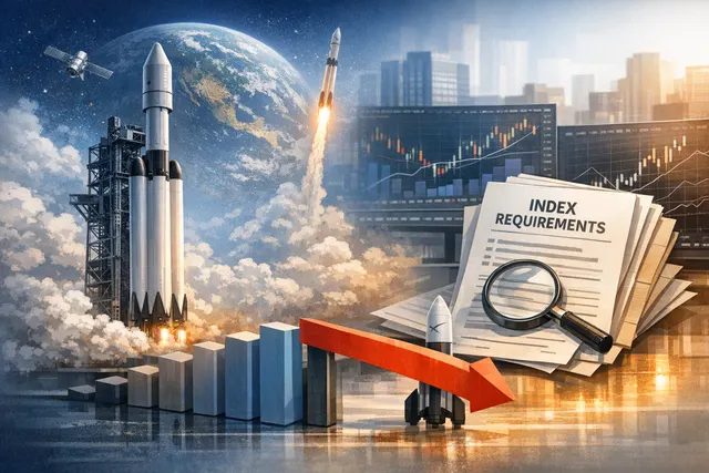 Illustration showing SpaceX and index fund concept with S&P 500 branding and a locked gate symbolizing blocked entry due to profitability rules