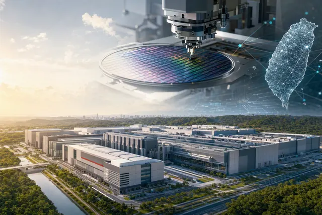 Editorial illustration of an advanced semiconductor fabrication facility representing TSMC’s Longtan expansion plans