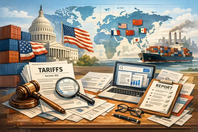 A digital illustration showing a U.S. customs document with a gavel and flags of multiple nations, representing the July 2026 Section 301 forced-labor tariffs imposed on 60 trading