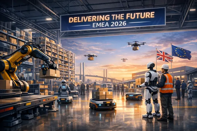 Amazon's next-generation Proteus warehouse robot navigating a European fulfillment center floor