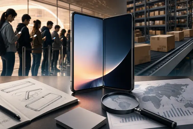 Editorial illustration of a book-style foldable smartphone, representing the iPhone Duo preorder rush.