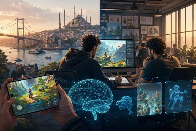 Illustration representing an AI-native mobile game studio developing puzzle games