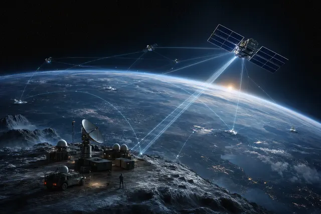 Conceptual illustration of low Earth orbit communications satellites above Earth