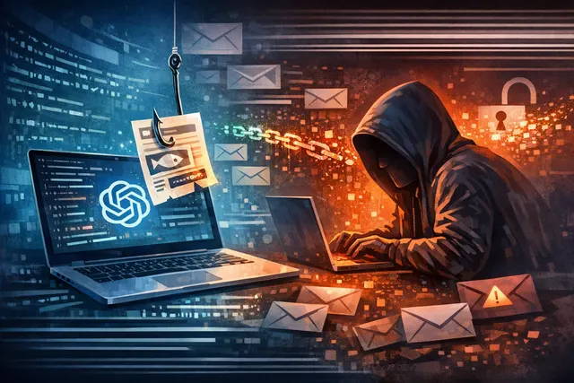 ChatGPhish vulnerability illustration showing ChatGPT interface with a phishing web hook sinking into a web page full of hidden Markdown links