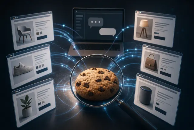 Illustration representing cross-site web tracking through a browser cookie and advertising pixel