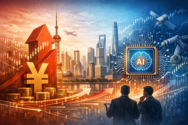Digital illustration of China’s stock market index rebalancing with rising tech stocks, semiconductor symbols, and Chinese financial district skyline.