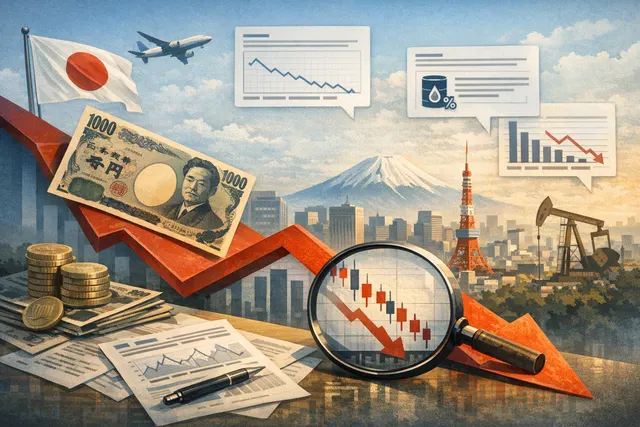 Japanese yen banknotes arranged against a background of falling stock market charts and rising oil prices, symbolizing the currency's collapse to a 40-year low against the US dolla