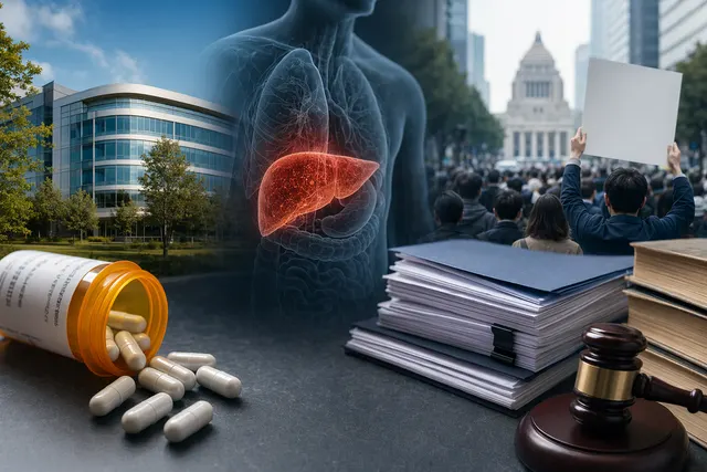Editorial illustration representing safety scrutiny around the drug Tavneos and liver toxicity concerns