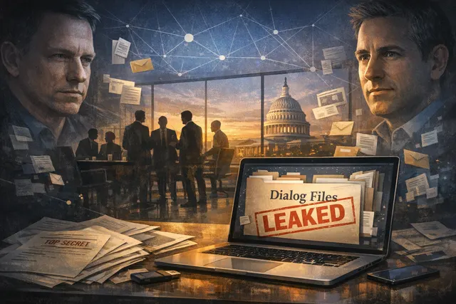 Conceptual illustration of a sealed envelope leaking confidential documents, symbolizing the Dialog society data breach and its exposure of secretive elite membership and internal