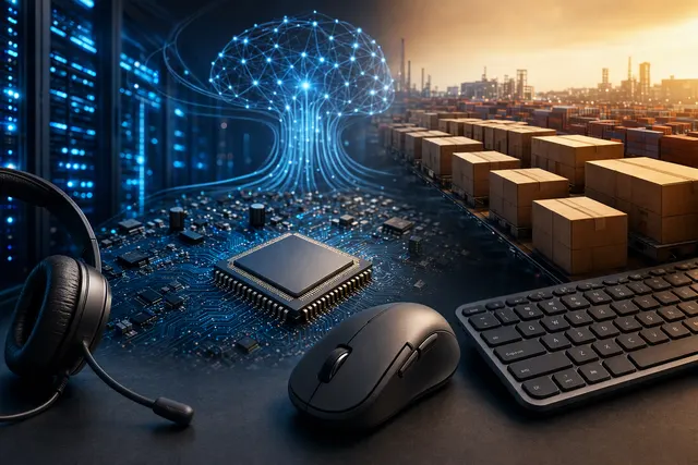 AI-generated editorial illustration representing chip supply pressure on Logitech devices