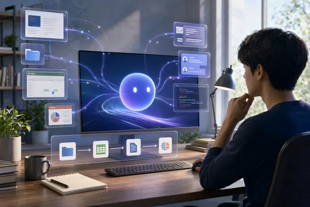 Concept illustration of a proactive AI desktop assistant learning workflows across apps