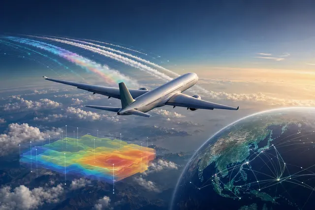 Illustration of a passenger aircraft flying above clouds, representing AI-powered contrail avoidance trials