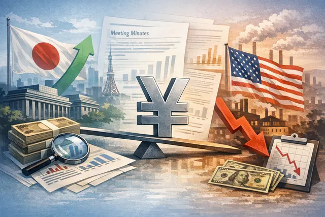 A conceptual image representing Japanese yen strength, Bank of Japan policy, and USD/JPY exchange rate movement with data charts and currency symbols.
