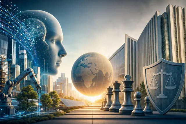 Illustrative AI-generated image for an article about AI’s economic potential and the need for safeguards