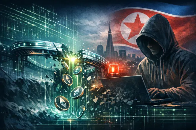 Digital illustration of a fractured blockchain bridge with glowing red vulnerability nodes, representing the Kelp DAO $293 million exploit.