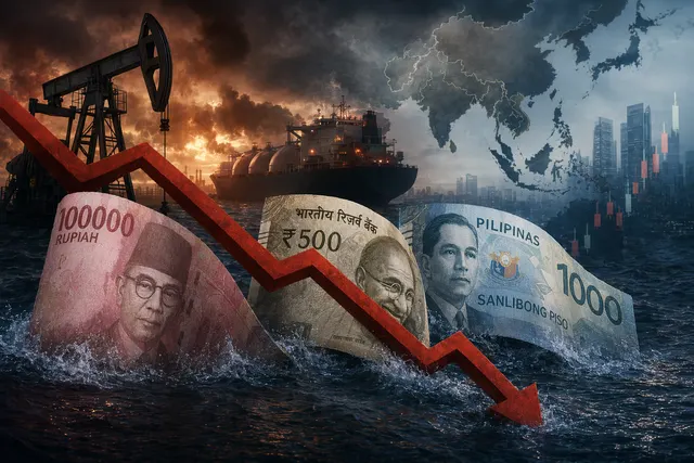 Illustration of falling Asian currencies amid an oil price surge and Strait of Hormuz disruption