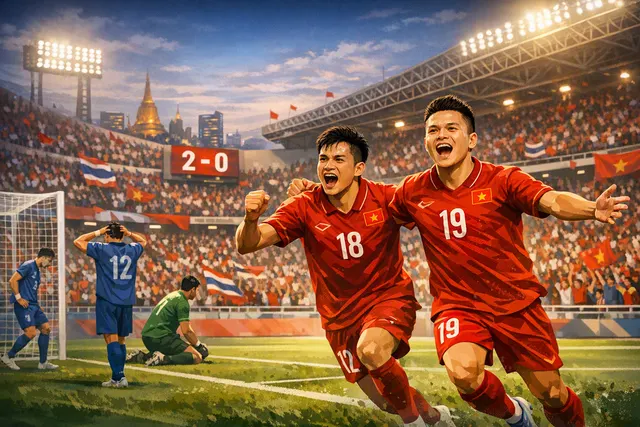 Minh họa trận chung kết ASEAN Cup 2026 giữa Thái Lan và Việt Nam, với các cầu thủ Việt Nam ăn mừng chiến thắng 2-0