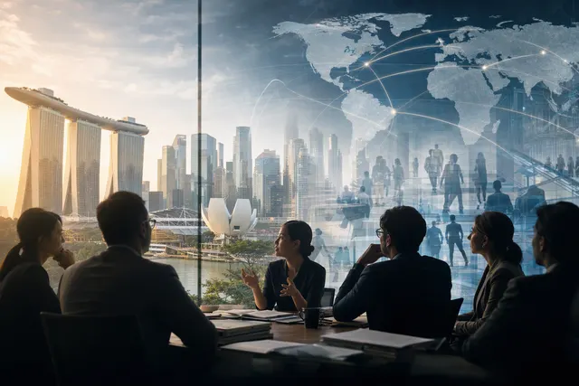 AI-generated editorial illustration accompanying an article about Singapore, RSIS and geopolitical dialogue