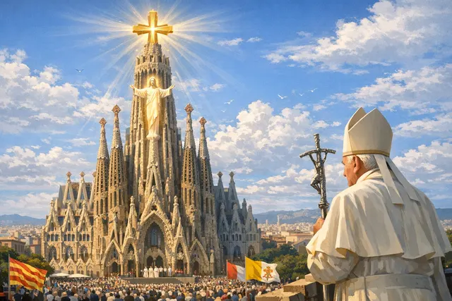 The completed Tower of Jesus Christ rising over Barcelona's Sagrada Família, with the monumental cross at its peak against a bright blue sky.