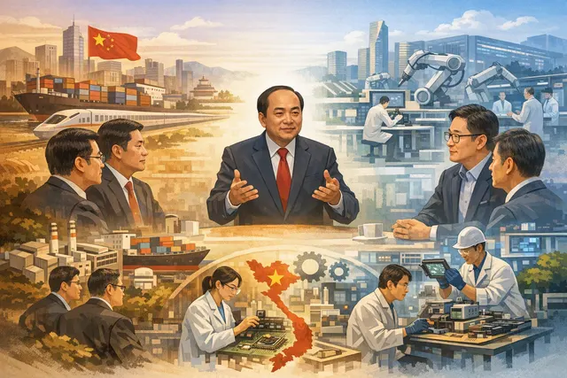 Editorial illustration of Vietnam’s foreign-investment strategy linking Chinese infrastructure and technology projects with Samsung research and manufacturing