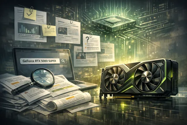 Abstract AI-generated representation of an NVIDIA GeForce RTX 5080 SUPER GPU with circuitry details.