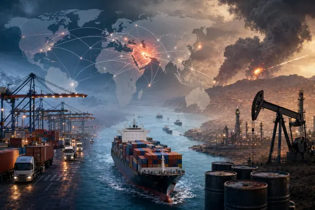 Global logistics network under stress with shipping containers, energy pipelines, and transport routes highlighted